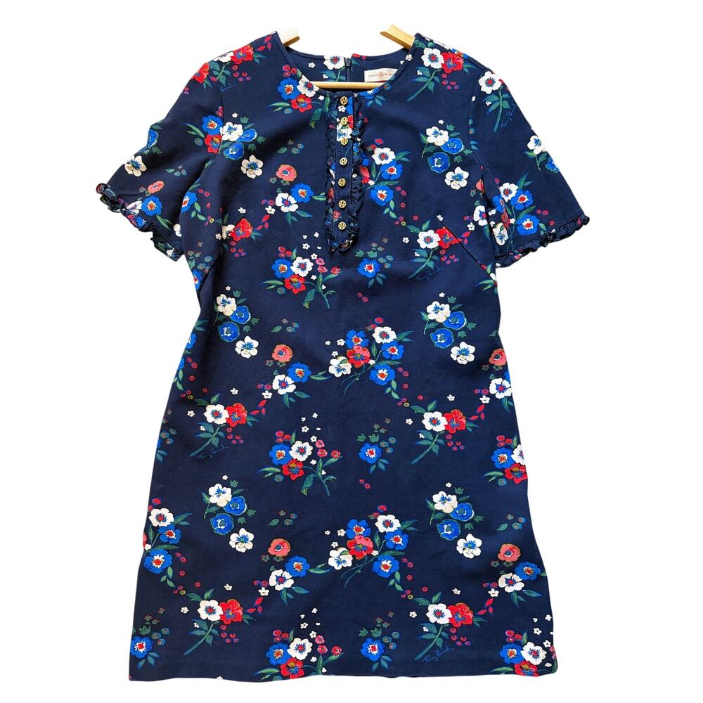 Tory Burch Miranda Short-Sleeve Floral Jersey Shirtdress Navy Size XL